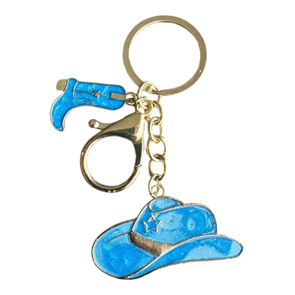 Women's Blue Gold-Tone Western Cowboy Hat Boot Enamel Metal Key Chain 3.5